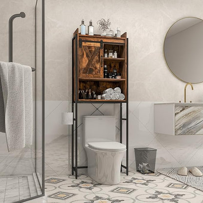LOKO Over The Toilet Storage Cabinet, Freestanding Bathroom Space Saver with Adjustable Shelves & Sliding Barn Door, 4-Tier Over Toilet Bathroom Organizer, 25 x 9.5 x 67.5 inches (Rustic Brown)