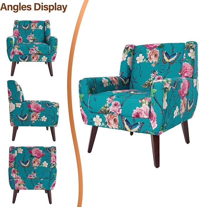 Accent Chairs Set of 2, Modern Fabric Armchairs for Living Room, Comfy Upholstered Arm Chairs Tufted for Indoor Bedroom Office Room (Pattern Blue)