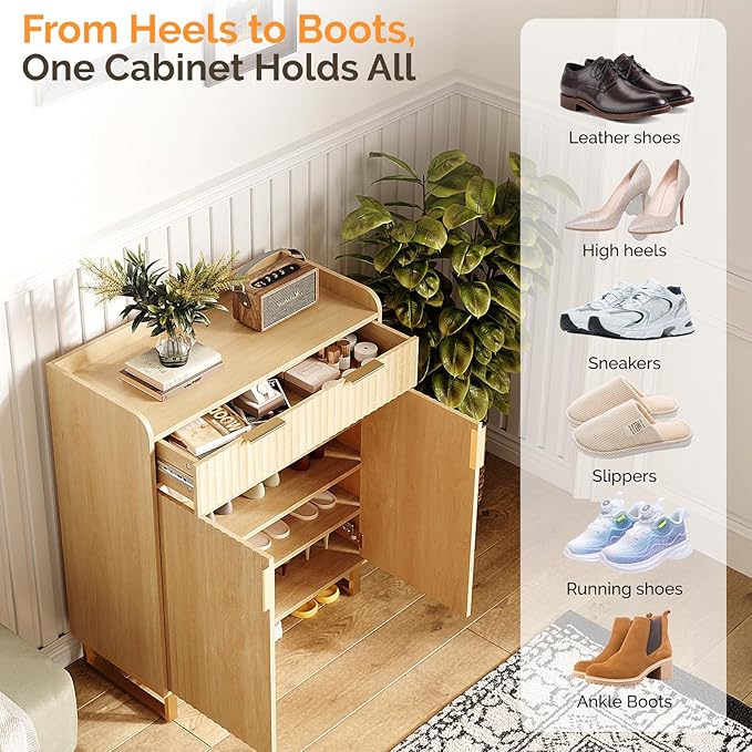 VINGLI Fluted Shoe Cabinet with Drawer and Doors, Wooden Entryway Shoe Storage Cabinet with Adjustable Shelves, Modern Tall Shoe Organizer with Gold Metal Legs for Hallway, Living Room, Bedroom, (Oak)