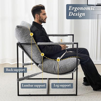 Sling Accent Chair with Metal Frame, Comfortable Boucle Fabric Arm Chair, Upholstered Cozy Reading Chair for Living Room, Bedroom, Dressing Room, Home Office, Grey
