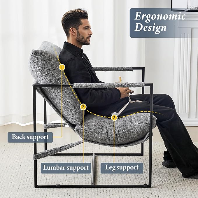 Furnilivng Large Sling Accent Chair Set of 2, Comfortable Boucle Fabric Arm Chair, Upholstered Cozy Reading Chair for Living Room, Bedroom, Dressing Room, Home Office, Grey