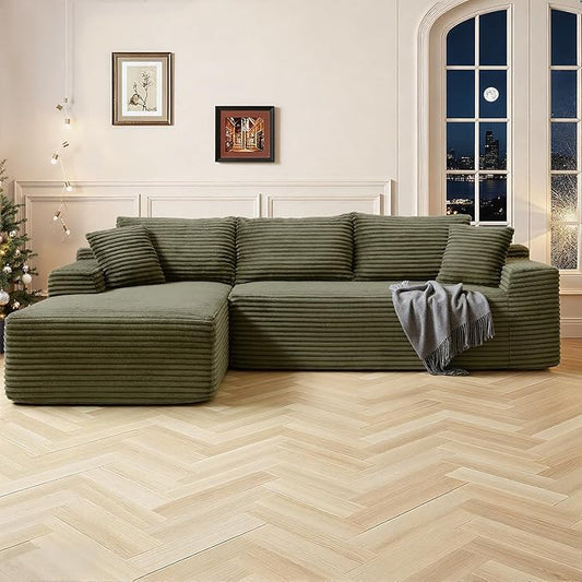 108 Inch Cloud Sectional Couch,Modern Modular Sectional Sofa with Deep Seat,Corduroy Boneless Couches with L-Shape Chaise for Living Room,No Assembly Required (Green, Left Facing Chaise)
