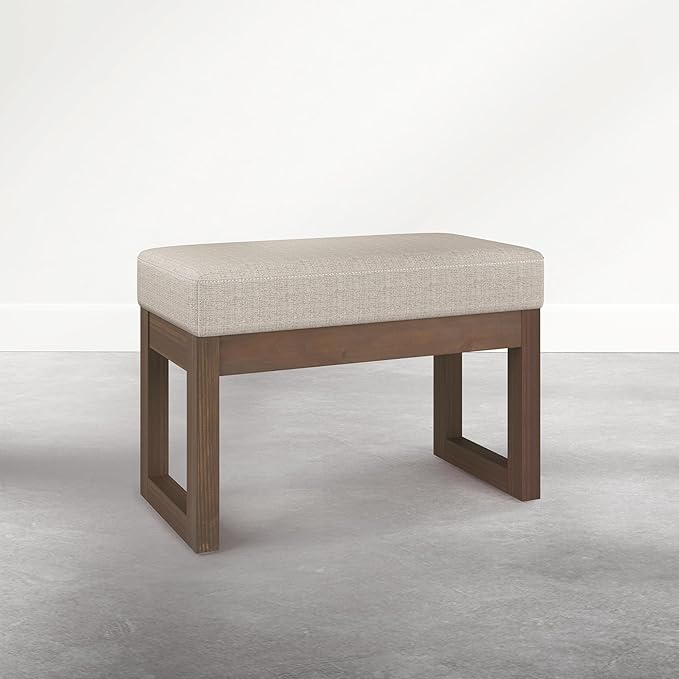 SIMPLIHOME Milltown Footstool - 27 inch Wide Upholstered Solid Wood Rectangular Small Ottoman Bench in Beige Cream, Contemporary Footrest for Entryway or Bedroom with Cushioned Seat & Compact Design