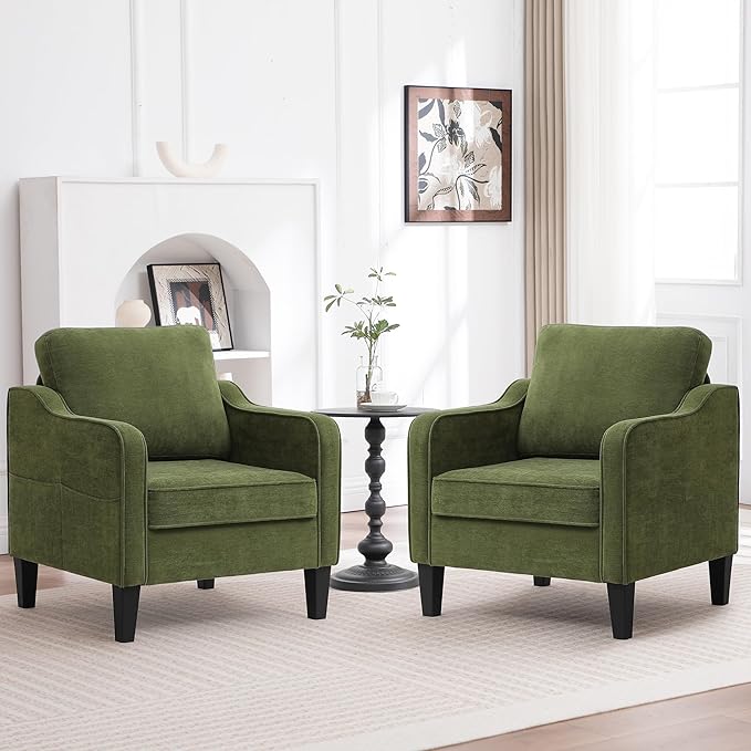 Accent Chair for Living Room, Mid Century Modern Reading Chair for Bedroom, Upholstered Armchair with Side Pockets, Comfy Single Sofa Side Chair for Office, Apartment, Small Room, Olive Green