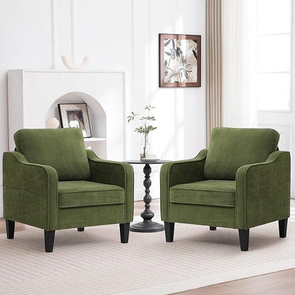 Accent Chairs Set of 2, Upholstered Living Room Chair with Side Pockets, Mid Century Modern Reading Chair for Bedroom, Comfy Armchair Single Sofa Side Chair for Office, Small Room, Olive Green