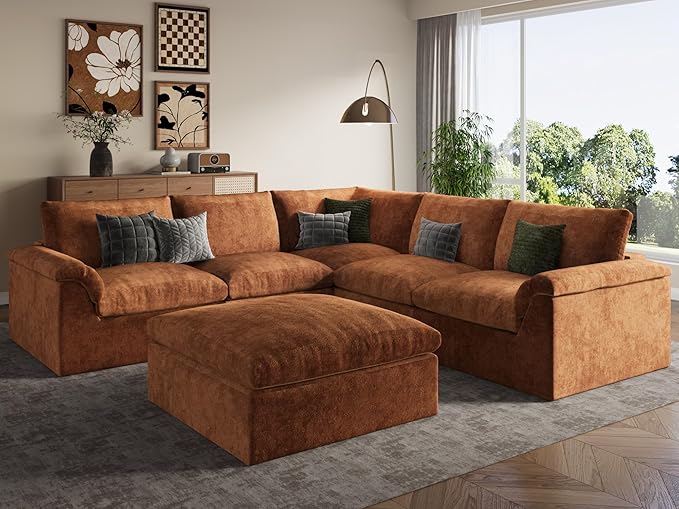EASE MOOSE Boneless Modular Cloud Couch, Oversized L-Shaped Sectional Sofa for Living Room with Ottoman, Extra Large Movable Couches, 6-Deep-Seat Sofas for Bedroom, Apartment, Chenille (Brown)