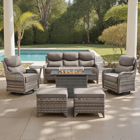 Belord Luxury 6" Thick Cushioned 7 Pieces Patio Furniture Set with Fire Pit Table, Wicker Outdoor Conversation Set with High Back Swivel Rocker Chairs for Deck Porch Yard and Poolside - Grey+Grey