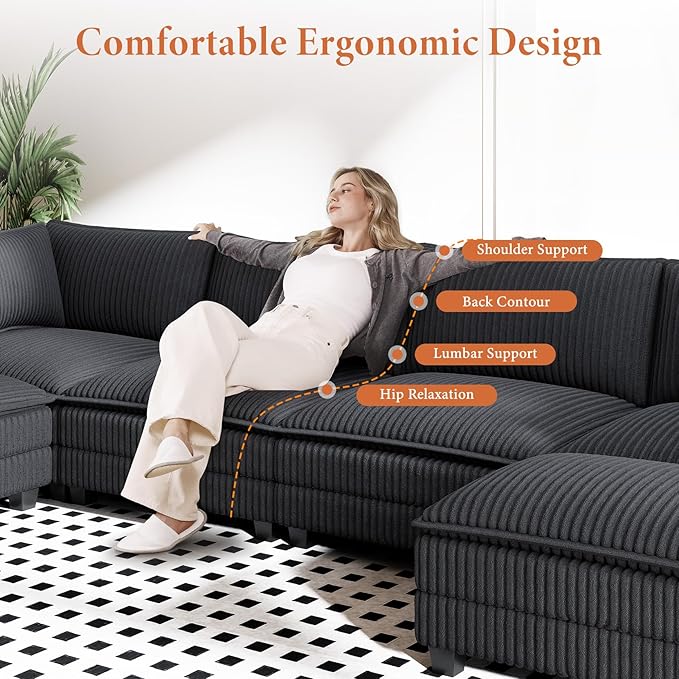 Vesgantti 109" U Shaped Cloud Sectional Sofa, Comfy Corduroy Upholstered Sectional Modular Sofas for Living Room, Modern Modular Couch with 2 Ottoman Deep Seat, Dark Grey