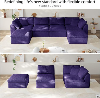 138" Boneless Cloud Couch Modular Sectional Sofa with Deep Seat for Living Room, L Shape Couch with Ottoman, Snowflake Cloth and 40D Memory Sponge，2 Throw Pillows (Purple, 4 Seater+2 Ottoman)