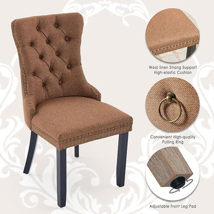 Linen Upholstered Dining Chairs Set of 4, Modern Style Kitchen Side Chairs with Nailhead Trim and Wood Leg, Metal Pulling Ring for Dining Room Living Room(Coffee,Set of 4)
