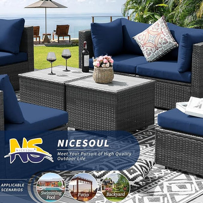 NICESOUL 7 Piece High-End Outdoor Furniture Sofa Set, 29.3'' High Back XL Large Grey Wicker Patio Modular Sectional with Side Tables, All-Weather Couches for Backyard Deck, 2 Color Cushion Navy & Grey