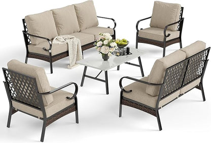5 Piece Metal Outdoor Patio Furniture Set, Patio Conversation Sets 1 3-Seater Sofa, 2-Seater Sofa, 2 Fixed Sofa with 5.75" Thick Cushion & Coffee Table Black Backyard Furniture, Beige