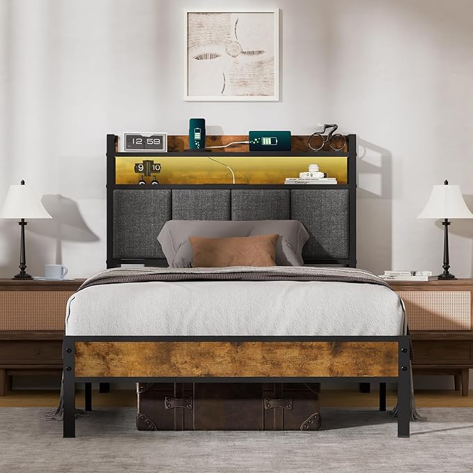 Z-hom Twin Bed Frames, Twin Bed Frame with 2-Tier Storage Upholstered Headboard, Metal Platform with USB Charging Station & LED Lights, Noise Free, No Box Spring Needed, Easy Assembly, Vintage Brown