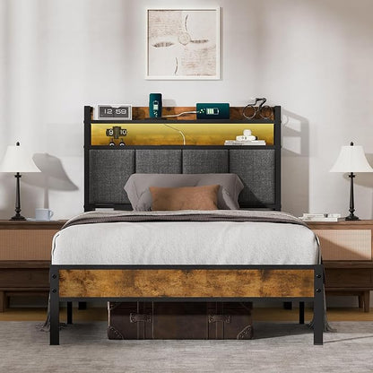 Z-hom Twin Bed Frames, Twin Bed Frame with 2-Tier Storage Upholstered Headboard, Metal Platform with USB Charging Station & LED Lights, Noise Free, No Box Spring Needed, Easy Assembly, Vintage Brown