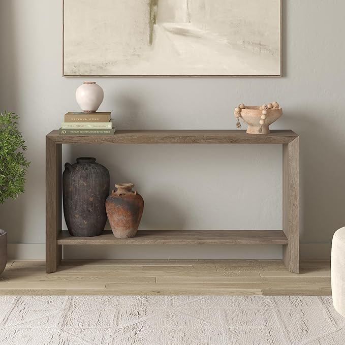 Henn&Hart 55'' Wooden Rectangular Console Table Entryway Table, Sofa Table with Wooden Storage Shelf for Entryway, Living Room, Couch, Hallway, or Office, Antiqued Gray Oak