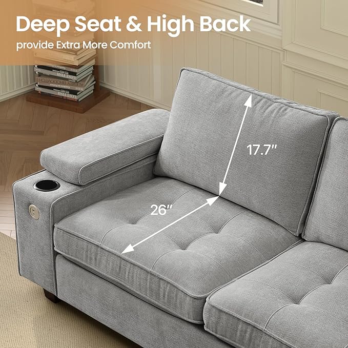 84" Loveseat Couch for Living Room,Modern Chenille Upholstered Sofa with Adjustable Storage Armrest,Cup Holders,USB & Type-C Ports,Solid Wood 2-Seater Loveseat Sofa for Apartment(Gray)