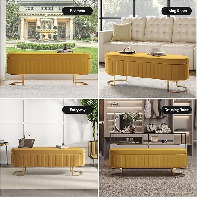 EcoHarbor Living 55.5" Storage Bench Ottoman End of Bed Bench Bedroom Bench, Upholstered Velvet Long Window Bench Large King Size with Gold Legs, Flipping Lid Entryway Footrest