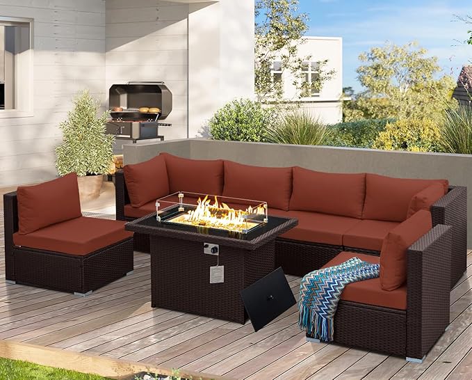NICESOUL 7 Piece Modular Outdoor Furniture Set with Firepit Natural Gas&Propane, 29.3'' High Back L-Shaped 6-Seater Patio Wicker Sectional Sofa Couch Sets for Tall People, Brown Rattan and Red Cushion