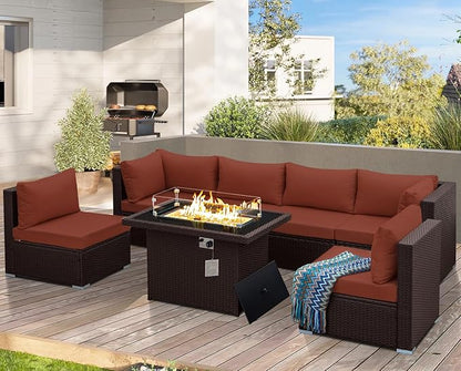 NICESOUL 7 Piece Modular Outdoor Furniture Set with Firepit Natural Gas&Propane, 29.3'' High Back L-Shaped 6-Seater Patio Wicker Sectional Sofa Couch Sets for Tall People, Brown Rattan and Red Cushion