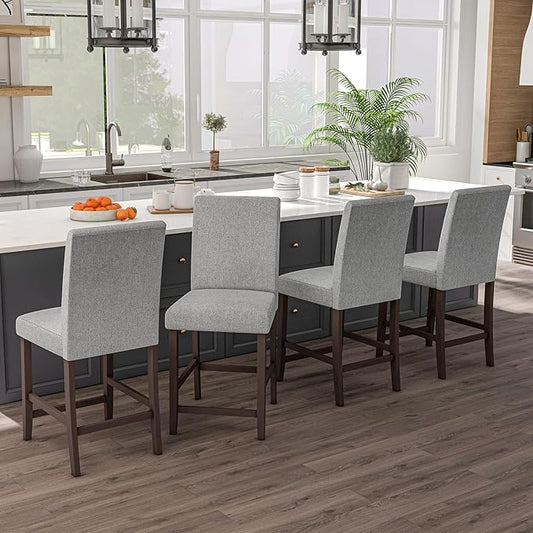 COSTWAY Counter Height Bar Stools Set of 4, 24'' Upholstered Mid Century Modern Island Chairs with Rubber Wood Legs, Wooden Barstools for Kitchen, Dining Room, Bar, Restaurant (Light Grey)