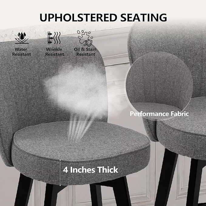 MINCETA Bar Stools Set of 4, 26 Inch Upholstered Barstools with Backrest and Footrest, Swivel Counter Height Barstools for Kitchen Island Home Bar Gray