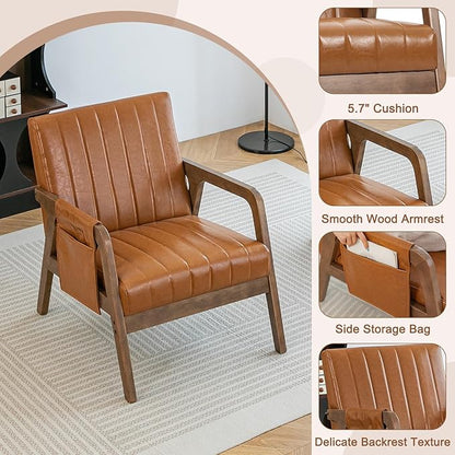 EROMMY Mid Century Modern Leather Accent Chair with Wood Frame, Faux Leather Accent Armchair with Storage Bag,Pu Living Room Accent Chair for Reading, Bedroom,Deep Brown