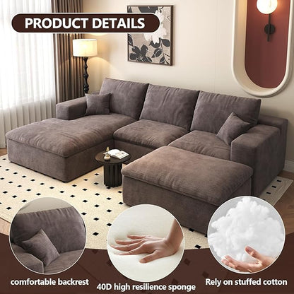 107'' U-Shaped Modern Modular Sectional Cloud Couch Whit Ottoman, 4-Seat Chenille Deep-Seat Sofa with Pillow for Living Room, Bedroom, Apartment, Camel