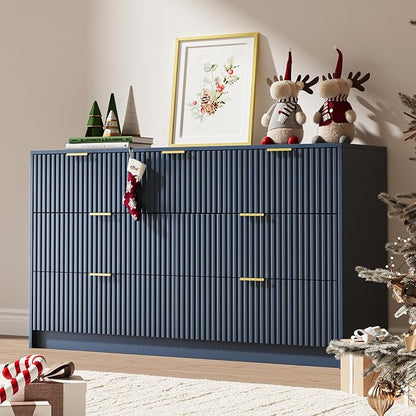 7 Drawer Dresser for Bedroom, Modern Fluted Dresser with Gold Metal Handles, Wide Chest of Drawers for Bedroom, Living Room, Entryway, Hallway, 55.9" L x 15.7" D x 31.4" H, Navy Blue