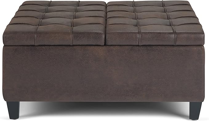 SIMPLIHOME Harrison Coffee Table Storage Ottoman - 36 inch Wide Upholstered Vegan Leather Square Lift-Top Ottoman in Distressed Brown, Transitional Ottoman for Living Room with Hidden Storage