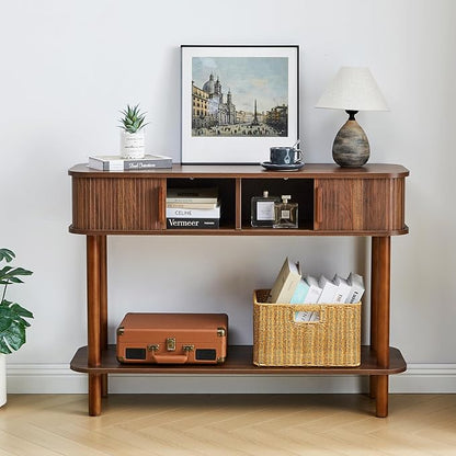 RARZOE Console Table with Storage, Fluted Entryway Table with Sliding Door&Open Shelf, Sofa Table Behind Couch, Mid-Century Modern Accent Table for Hallway, Entrance, Foyer, Fully Assembled(Walnut)
