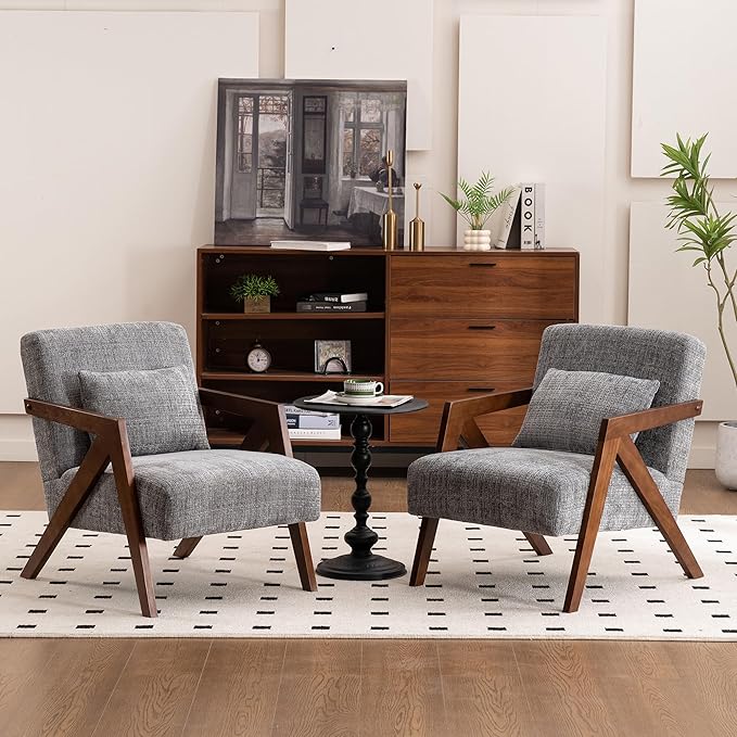Mid-Century Modern Accent Chair Set of 2 with Solid Wood Frame，Upholstered Chenille Living Room Arm Chairs with Pillow for Bedroom, Living Room, Reading Room, Balcony, Grey