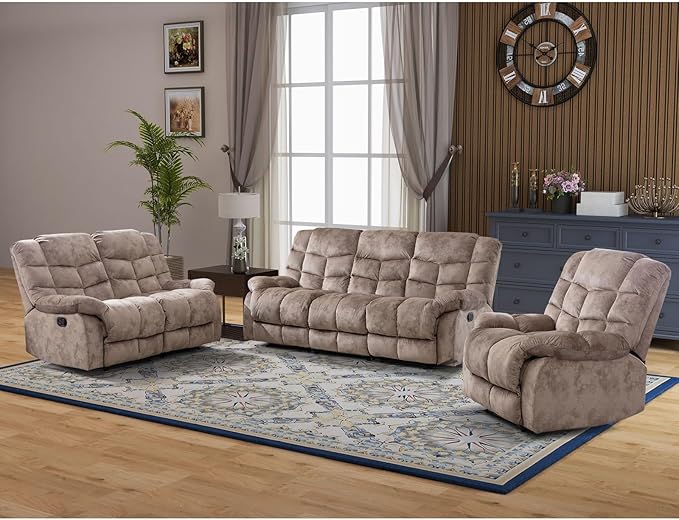 CANMOV Manual Reclining Sofa Set,2 Pieces Sofa Furniture Set for Living Room, Manual Recliner Chair and Recliner Loveseat with Arms for Living Room, Bedroom, Light Brown (1+2)