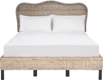 SAFAVIEH Home Collection Daejon Coastal Rattan Legs Camelback Headboard Full Size Bed BED8001A-F, Grey/Espresso