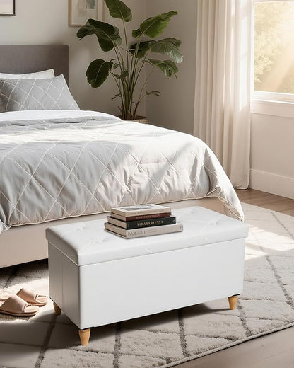 GLAXYFUR 30 Inches Storage Ottoman Bench with Wooden Legs, Faux Leather Folding Ottoman Foot Rest, Storage Bench for Living Room, Hallway & Bedroom, Upgrade Large Capacity (Engineered Wood, White)