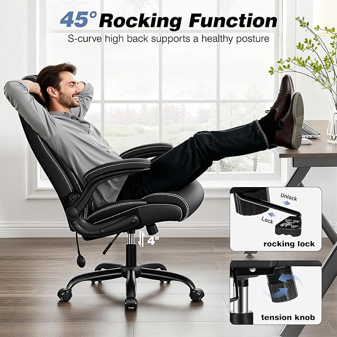 Ergonomic Office Chair - Desk Computer Chair, Leather High Back Executive Chairs with Adjustable Lumbar Support & Flip Up Arms, Rocking, Black