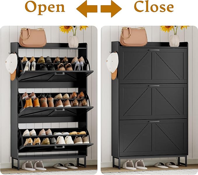 Shoe Cabinet Storage for Entryway, Shoe Storage Cabinet with 3 Flip Drawers, Freestanding Narrow Shoe Rack Organizer with Metal Legs & Side Hook for Foyer, Hallway, Black