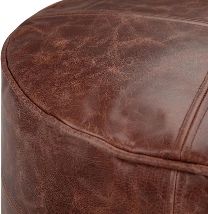 SIMPLIHOME Connor Boho Round Pouf in Distressed Brown Genuine Leather for the Living Room, Bedroom and Kids Room