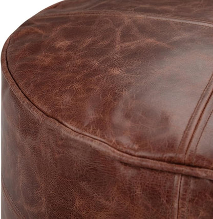 SIMPLIHOME Connor Boho Round Pouf in Distressed Brown Genuine Leather for the Living Room, Bedroom and Kids Room