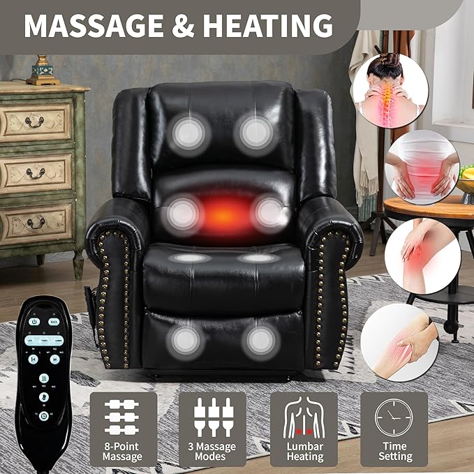 Recliner Chairs for Adults, Oversized Bedroom Chair with Massage, Sofa Chair Home Theater Seating with Lumbar Support, Lift Chair for Elderly, Nursery Chair for Living Room (Genuine Leather)