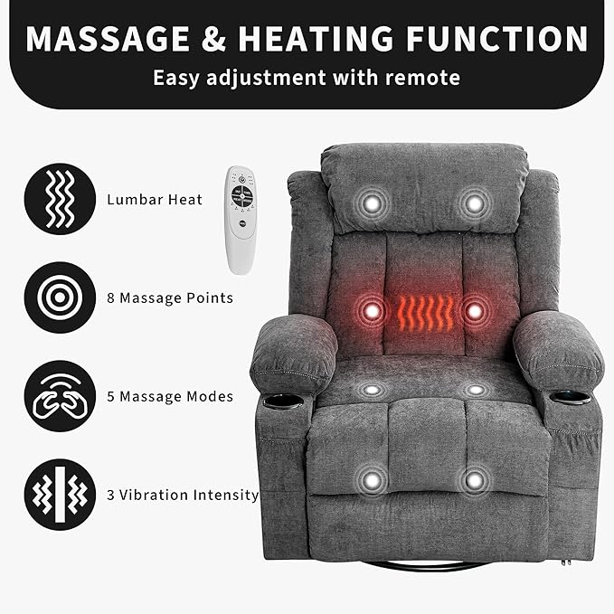 Rocking Recliner Chair with Heat and Massage, Nursery Recliner 360° Swivel Oversized Chairs for Adults, Lazy Boy Single Sofa Seat with 3 Positions, 2 Side Pockets, Cup Holders, and USB Ports, Grey
