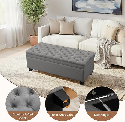 50" Storage Ottoman Bench, Rectangular End of Bed Storage Bench, Upholstered Large Fabric Tufted Ottoman with Storage for Living Room, Bedroom, Entryway,Dark Gray