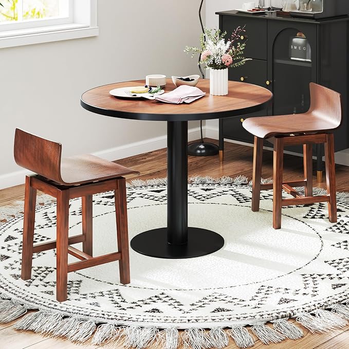 COSTWAY Swivel Solid Wood Dining Stools Set of 4, 19-inch Counter Height Chairs with Low Back, Footrest, Farmhouse Wooden Armless barstools for Kitchen Island, Dining Room, Cafe, Breakfast, Walnut
