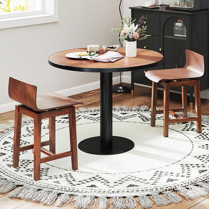 COSTWAY Swivel Solid Wood Dining Stools Set of 4, 19-inch Counter Height Chairs with Low Back, Footrest, Farmhouse Wooden Armless barstools for Kitchen Island, Dining Room, Cafe, Breakfast, Walnut