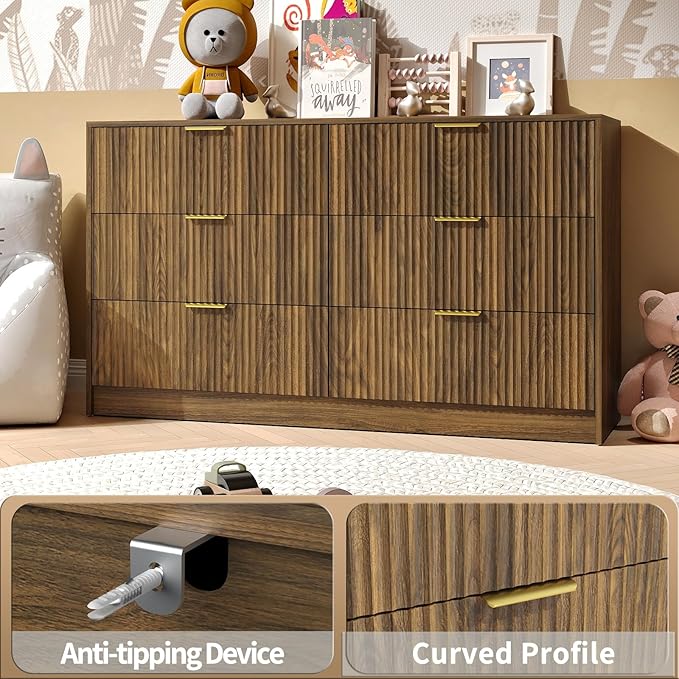 Walnut 6 Drawer Dresser Bedroom,55” Wide Fluted Dresser Wood with Gold Handles,Mid Century Wooden Chest of Drawer for Closet,Bedroom,Living Room,Walnut