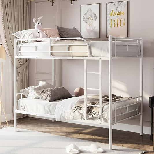 Merax Metal Bunk Bed, Bunk Bed with Ladder and high Guardrail, Able to Split, Under Bed Storage Space, Noise Free, Twin Over Twin Size, White