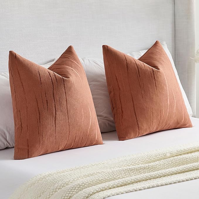 FUTEI Rust Chenille Decorative Throw Pillow Covers 16x16 Inch Set of 2,Soft Embossed Striped Textured Cushion Case,Modern Home Decor for Couch Bed Living Room
