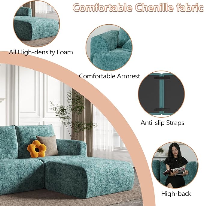 EASE MOOSE Cloud Couch Sectional Sofa, Large U-Shaped Oversized Modular Couch for Living Room, Minimalist Boneless Convertible Couches with Ottoman, 5-Seat Deep Sofas for Bedroom, Chenille (Blue)