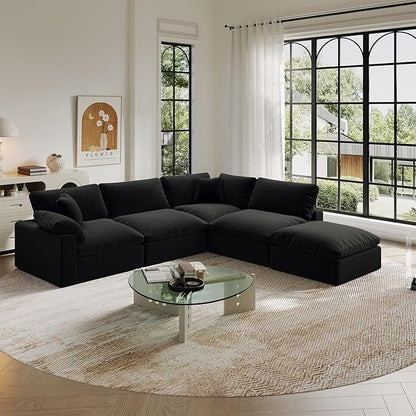 Cloud Modular Sectional Sofa,143" Down Filled Sofa 4 Seat with Chaise,Minimalist Sofa Cover Washable and Replaceable Couches for Living Room,Sectional Sofa Deep Seat Black