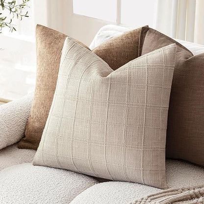 Foindtower Set of 2 Decorative Linen Check Throw Pillow Covers Neutral Farmhouse Vintage Cushion Covers Modern Boho Home Decor for Sofa Chair Couch Bedroom Living Room,26×26 Inch,Natural Linen