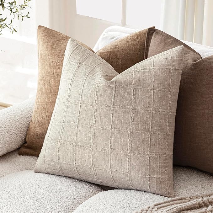 Foindtower Set of 2 Decorative Linen Check Throw Pillow Covers Neutral Farmhouse Vintage Cushion Covers Modern Boho Home Decor for Sofa Chair Couch Bedroom Living Room,16×16 Inch,Natural Linen
